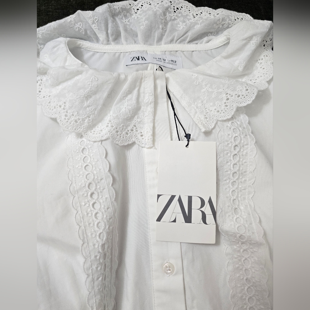 ZARA White Eyelet Lace Collar Button-Up Blouse - Picture 9 of 12